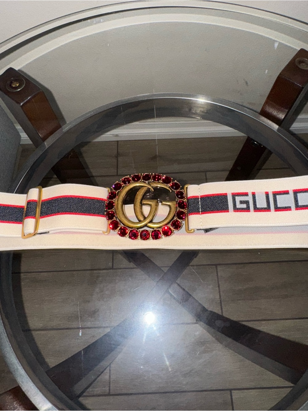 Gucci Cream Web Belt with Red Crystal GG Buckle
